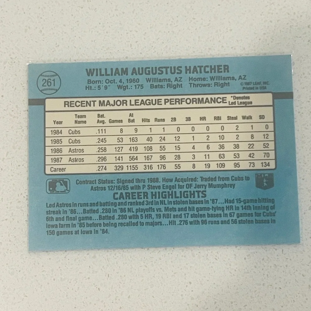 1988 Donruss Billy Hatcher 261 Houston Astros Baseball Card Outfielder Vintage
